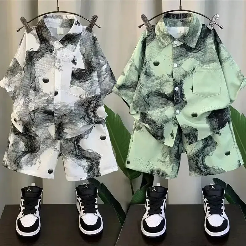 3pcs Boys Casual Coconut Tree Graphic Print Short Sleeve Lapel Shirt&Shorts&Hat Set, Comfy Summer Kids Clothing