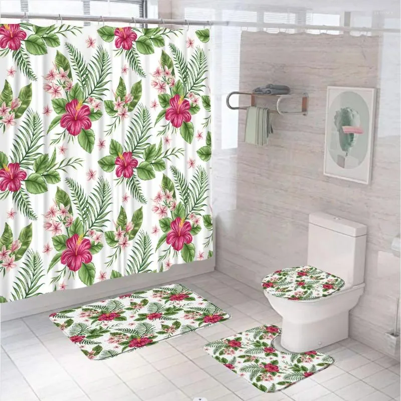 Shower Curtains Tropical Palm Leaves Curtain Sets Exotic Jungle Floral Green Plant Bathroom Decor Bath Mat Rugs Toilet Lid Cover