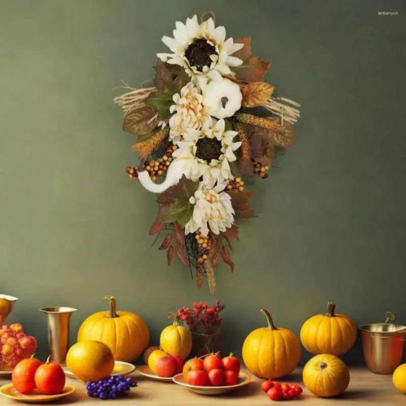 Decoratieve bloemen Thanksgiving Kunstmatige slinger in herfst geïnspireerde herfst oogstfestival krans witte zonnebloem pompoen esdoorn voor