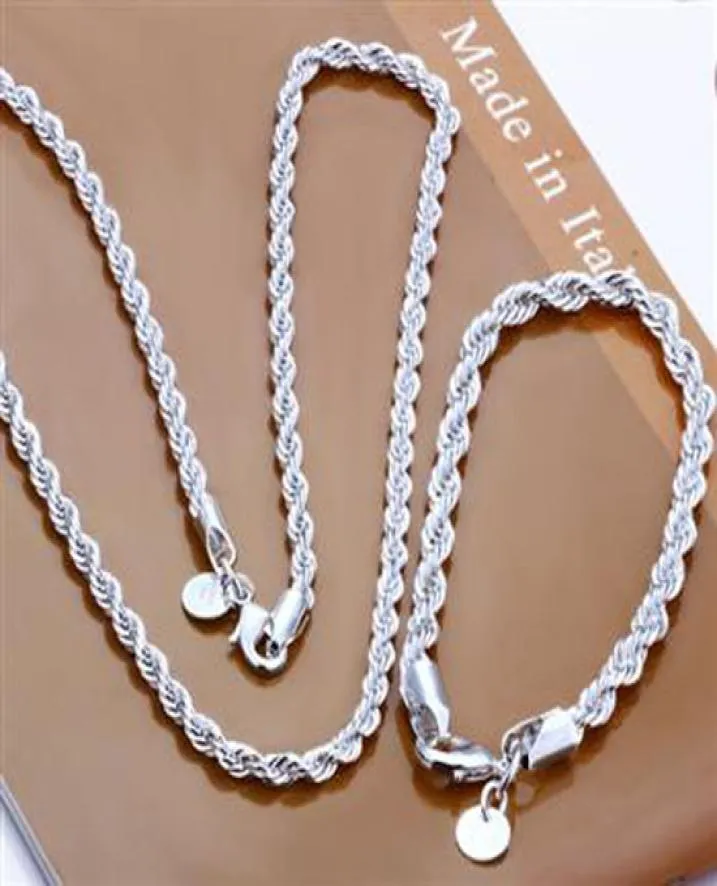 Fashion 925 Sterling Silver Set Solid Rope Chain 4MM Men Women Bracelet Necklace 16quot24inch jewelry Link Italy Xmas New S0518323429