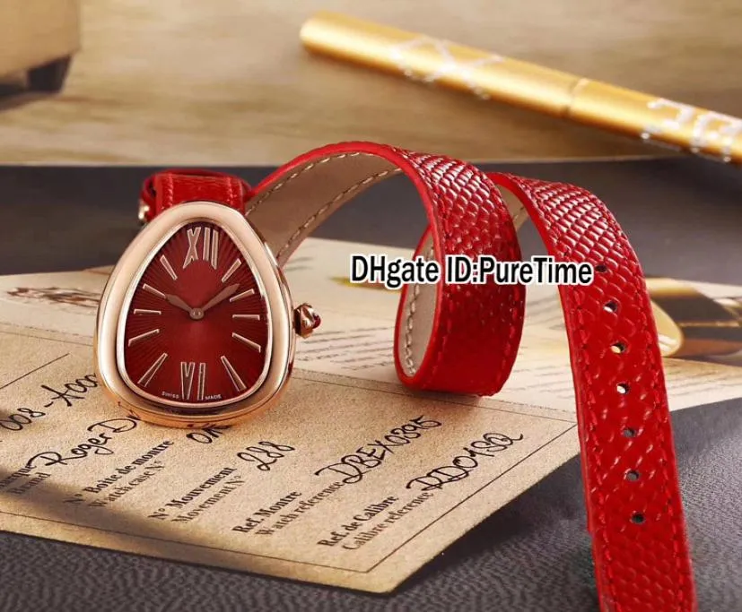 New Fashion 102780 Rose Gold Red Dial Swiss Quartz Womens Watch Ladies Watches Lengthened Black Red White Green Brown Leather Stra3620417