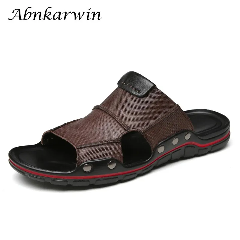 Abnkarwin Brand Summer Leather Slider Mens Flat Slider Casual Black Palm Slider Outdoor 2024 Groot formaat 49 240425