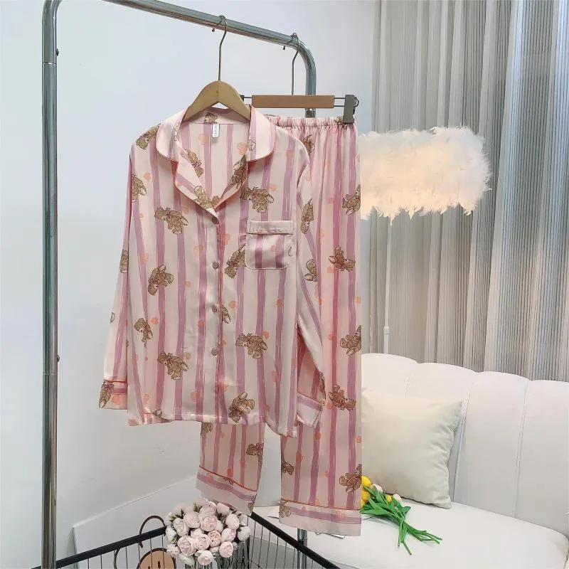 Домашняя одежда Летняя и осенняя женская пижама, набор ледяной шелковой лацка, носить 2-х розовые брюки с длинными рукавами, пижама