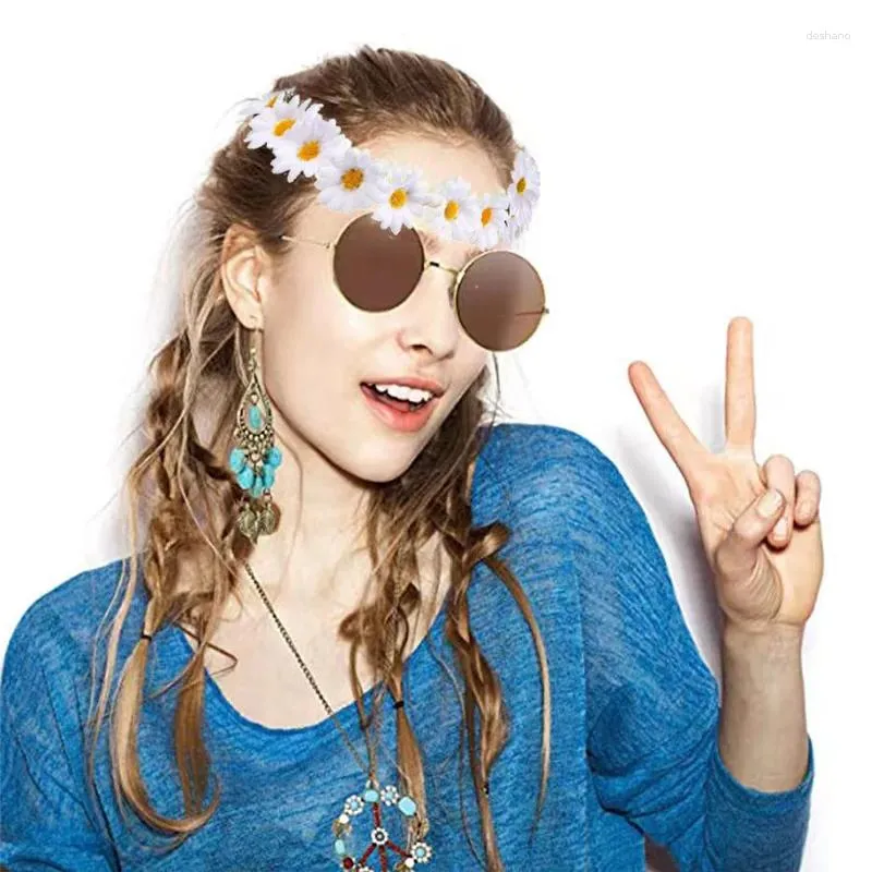 Fournitures de fête Hippie Costume Accessoires Carnaval Decorative Halloween 70S Collier Fleur Bandeau de couronne et lunettes de soleil Ensemble d'accessoires