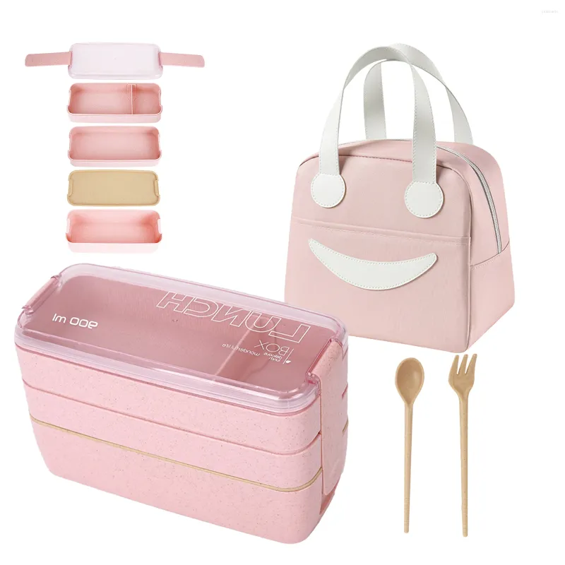Boîte à lunch pour la vaisselle Bento avec sac et couverts adultes Sandwich à l'épreuve des enfants pour le bureau de l'école (rose)