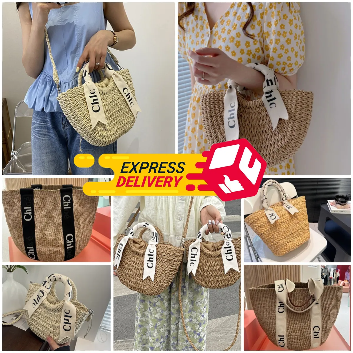 Sac de plage en fourre de paille Chl Basket Woody Basket Designer Sac de luxe Crochet Arvente Shop Backet Backet Cross Cross Bowt Bowknot Picnic Fashion Sac Fomes