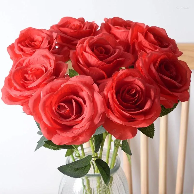 Flores decorativas 10 PCs Artificial Rose Flor Seda Decoração da casa para Bouquet de Presente do Dia dos Namorados do Casamento