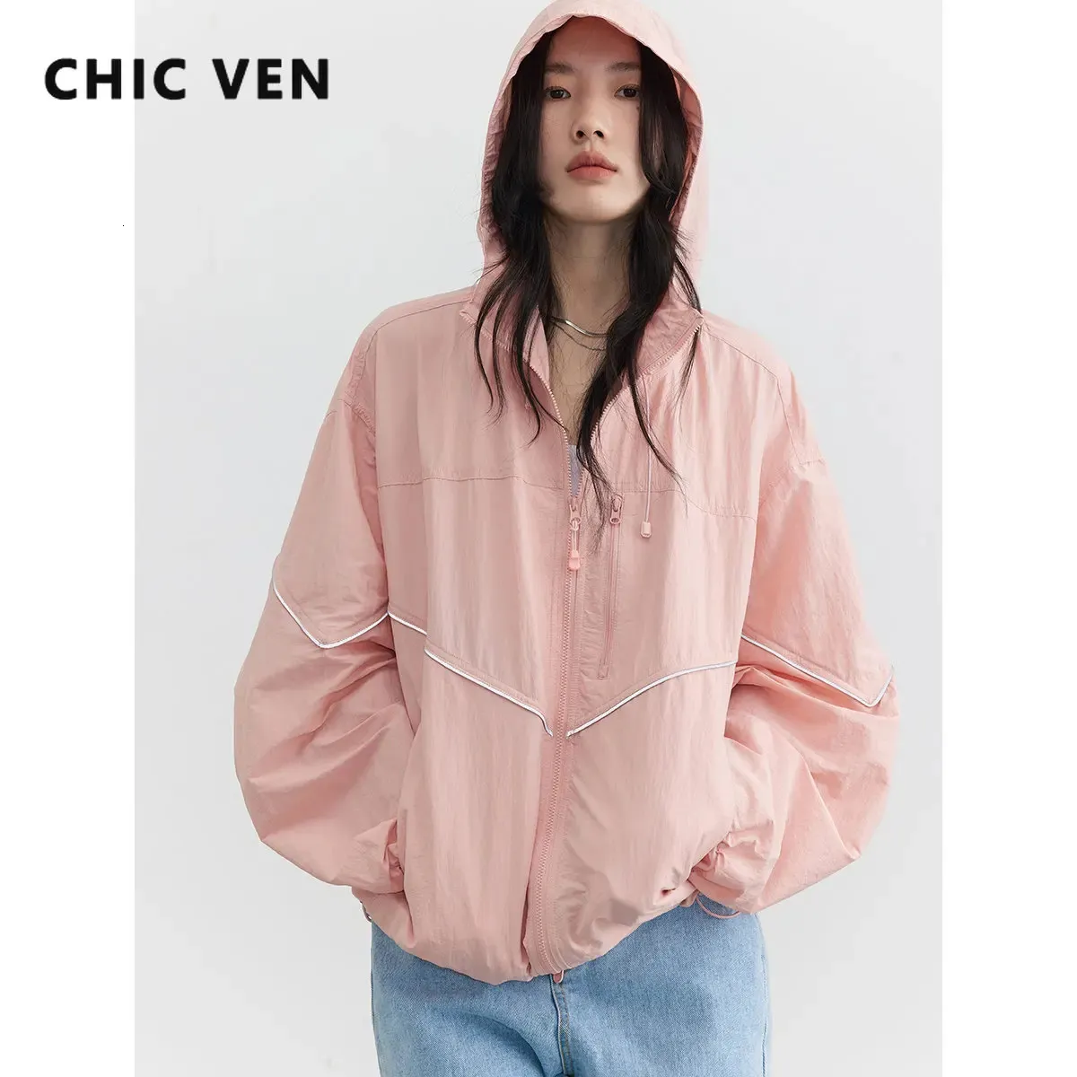 Jackets de ven chiques feminino casual casual casual sola com capuz longa de manga longa tops streetwear modear fêmea de protetor solar Summer 240506