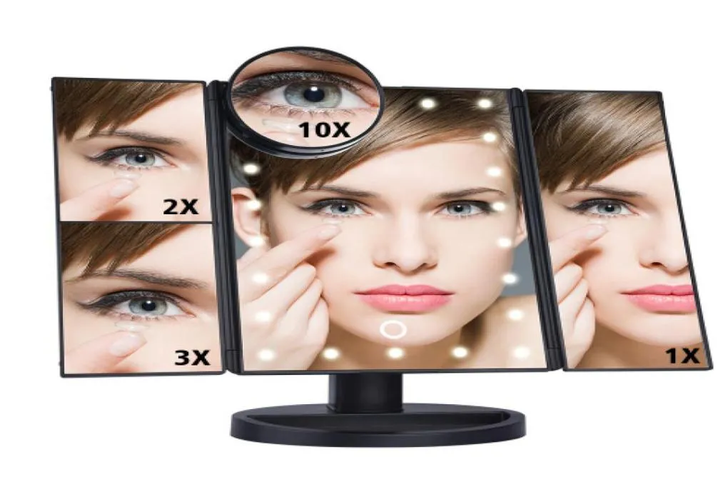 LED Touch Sn 22 Table de miroir de maquillage léger Maquillage de bureau 1x / 2x / 3x / 10x Miroirs de grossissement Vanité 3 Mirror réglable pliant7365328