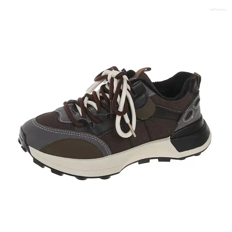 Casual Shoes Matching Color Double Lace-up Sports Women's 2024 Autumn Women Plus Fleece Thick Soled Single