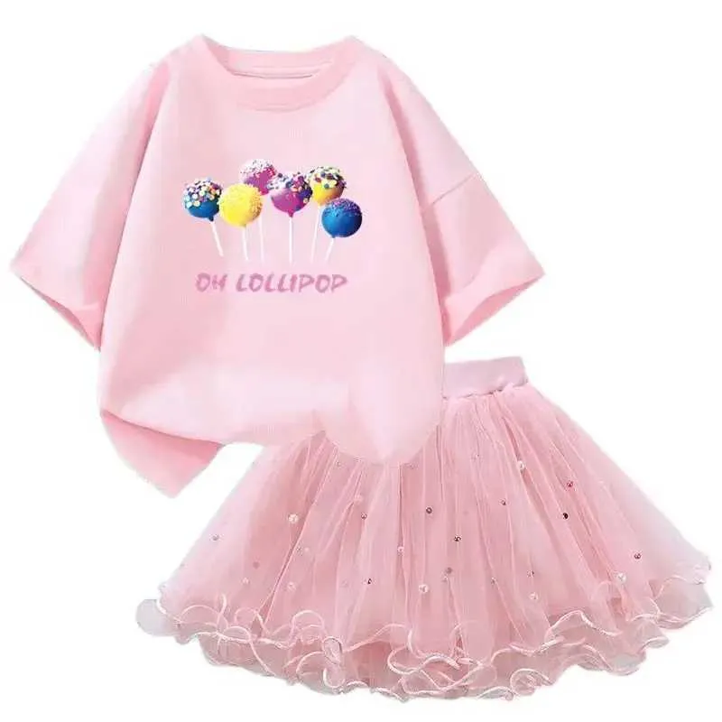Roupas Conjuntos 2024 Novo verão Girls Candy Lollipop T-shirt+Tutu Skirt 2pcs Festa infantil Clothingl2405