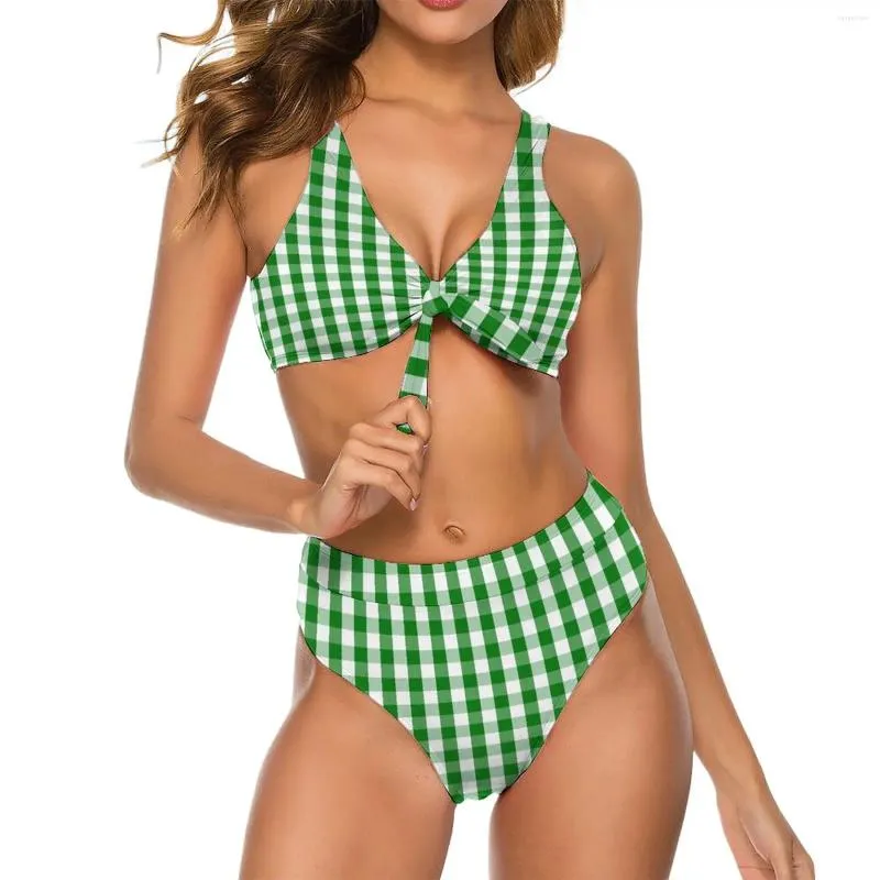 Frauen Badebekleidung Weihnachtsfest Gingham Bikini Bikini Badeanzug sexy grüne Scheck Plaid hohe Taille Set Women Vintage mit Krawatten Druck Strandkleidung