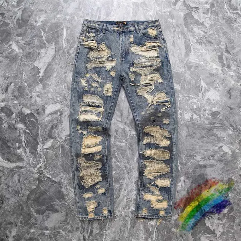 Les jeans masculins lavés des patchs de broïde dommages jeans denim vintage hommes femmes 1 1 pantalon de meilleure qualité H240508