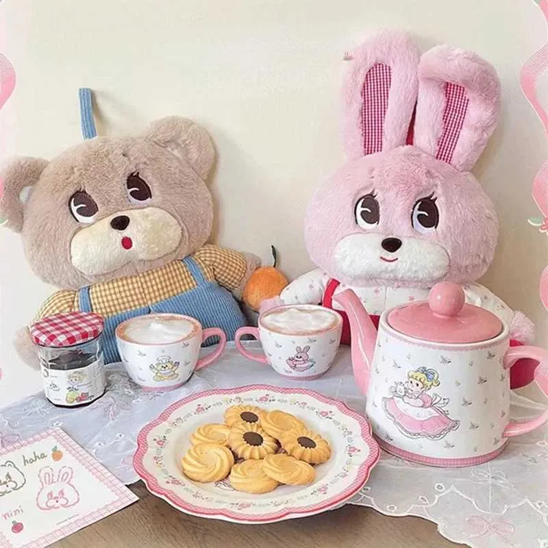 Cups Saucers Cartoon Girl Teapot Coffee Cup Set Pink Rabbit Ceramic 2 Cup and Pot Set for Friend Birthday Gift Premium Painting Craft Tea Pot