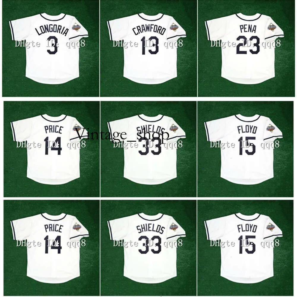 Vin Vintage 2008 Jersey de beisebol 3 Evan Longoria 15 Cliff Floyd 33 James Shields 14 David Price 13 Carl Crawford 23 Carlos Pena Tamanho Branco