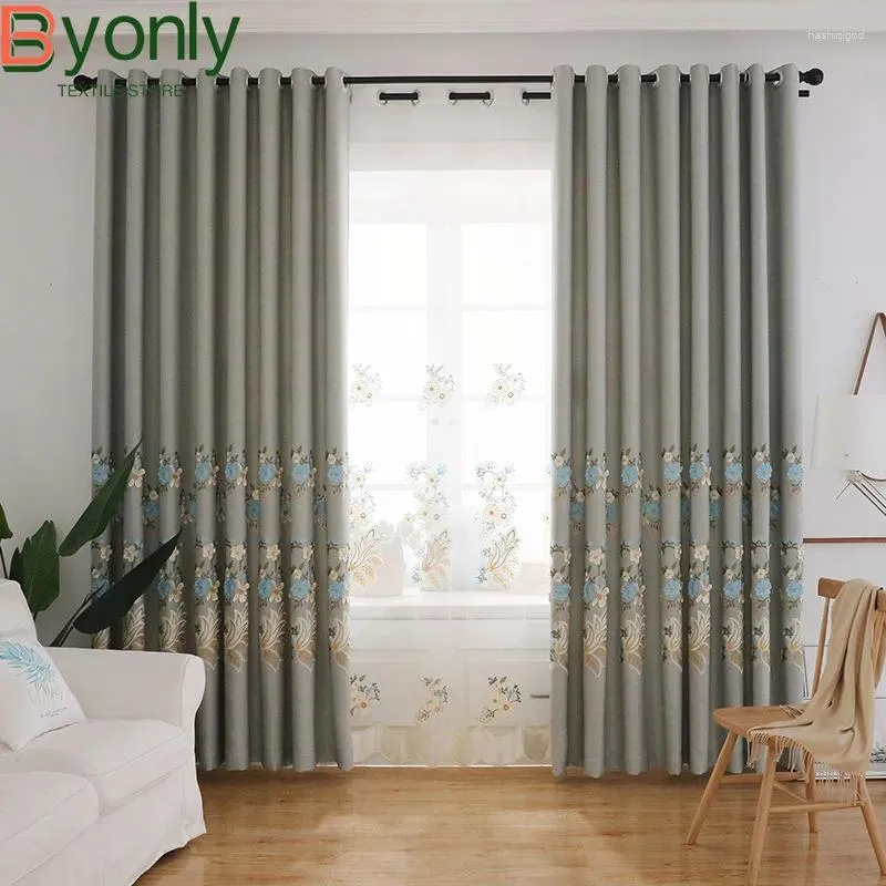 Gardinanpassad grå grön präglad broderad fönsterskärm förtjockade chenille gardiner för vardagsrum sovrumsstudie franska