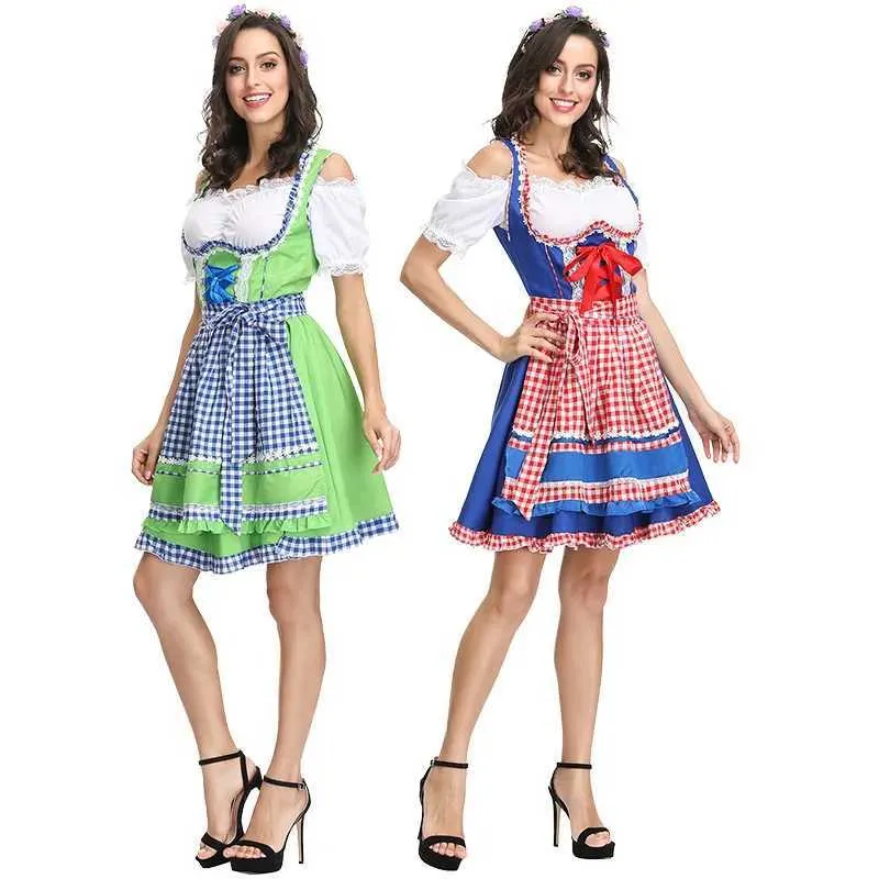 Ubranie etniczne Bawarska damska sukienka dla piwa Festiwal Festiwal Piwo Festiwal Pidy Fartud Tradycyjny odzież Niebieski zielony umocznia 2405