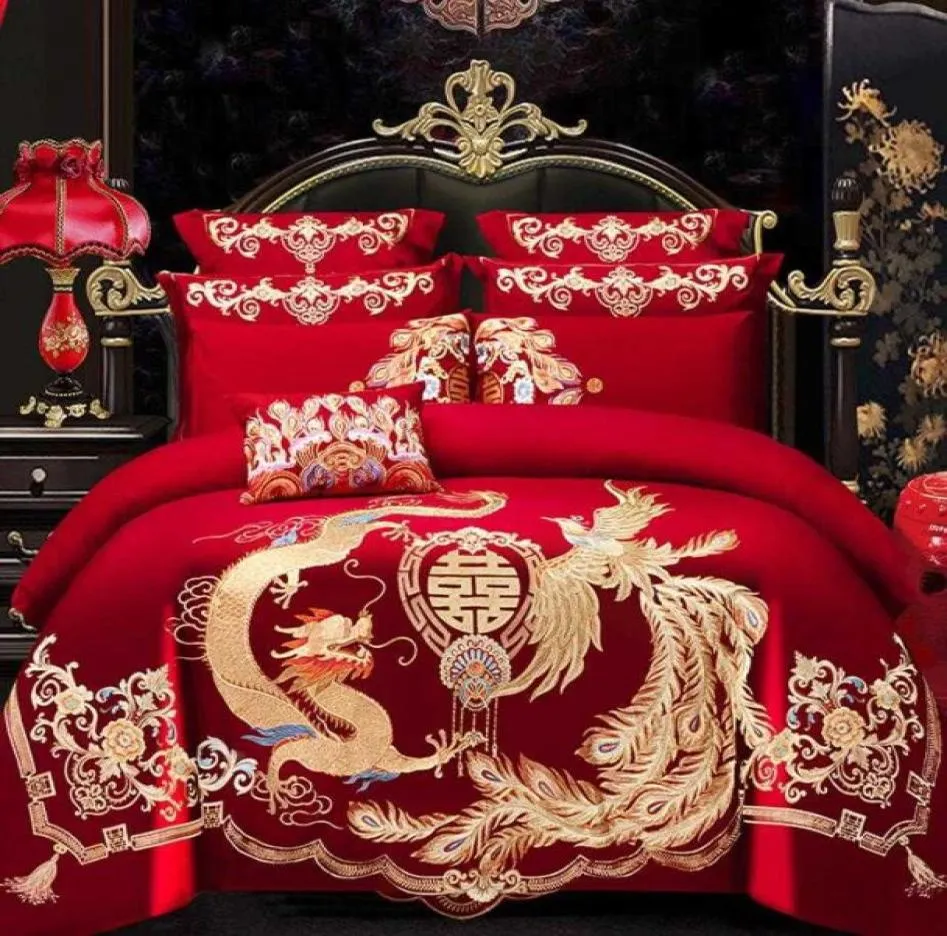 46pcs Luxury Loong Phoenix Broiderie Red Hover Cover Lit Coton Style Chinese Wedding Cover Cover Litch Set Home Textile H3439776