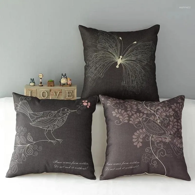 Oreiller Black Animal Imprimé Butterfly Birds Oreiller décoratifs Couvercle pour la taie d'oreiller en lin en coton Home Covers de voiture 45x45