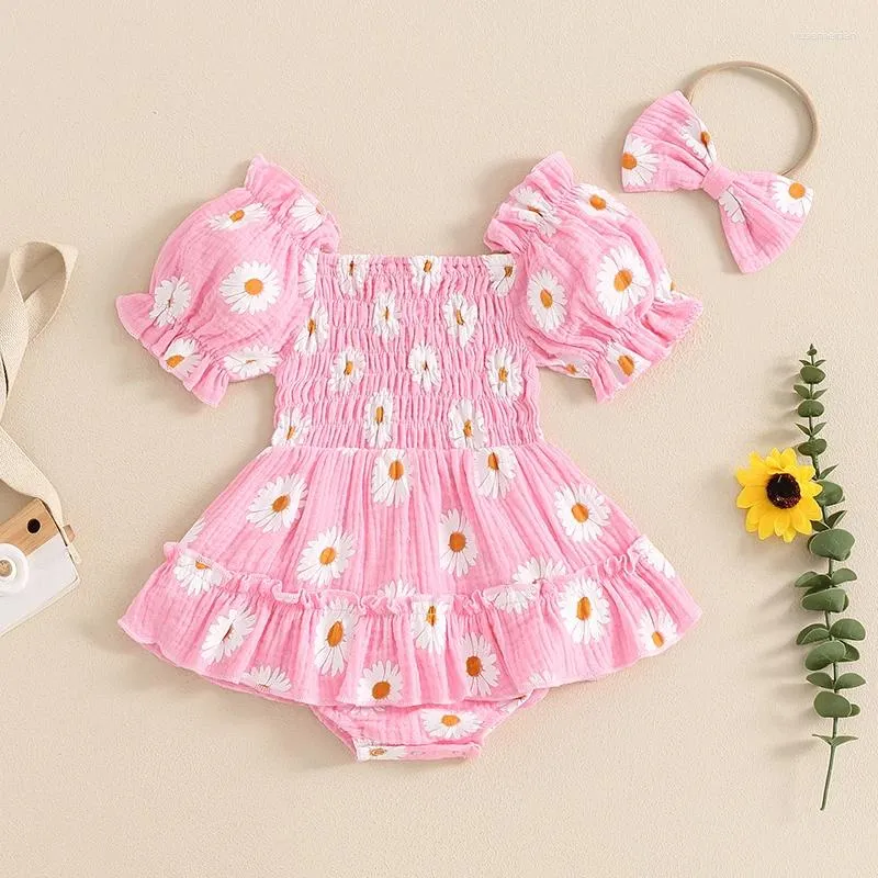 Roupas conjuntos de roupas para garotas roupas de verão Daisy Impressão de manga curta vestido de macacão Shirred com bandeira do arco 2 peças definidas por 0-18 meses