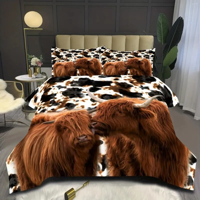 Ensembles de literie Highland Cow Imprimé en microfibre lavable Ensemble de couette douce confortable pour chambre d'amis pour chambre à coucher