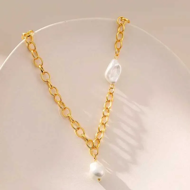 Pendant Necklaces Minar Delicate 18K Real Gold Plated Brass Baroque Freshwater Pearl Tassel Wide O-chain Pendant Chokers Necklaces for Women Gift