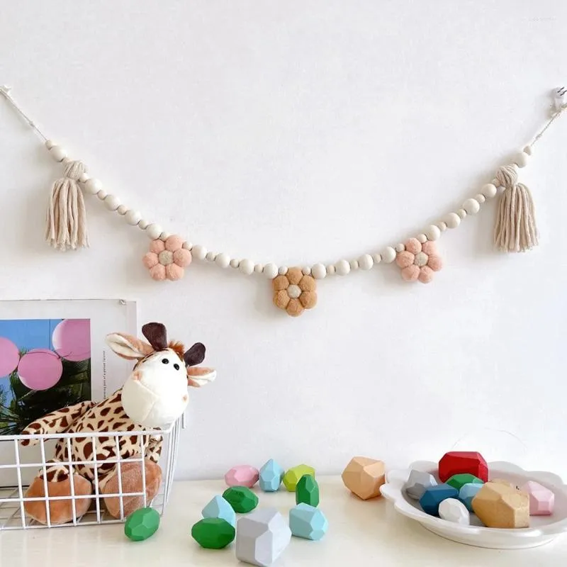 Figurines décoratines Perles en bois Boho Tassel Garland Daisy Birthday Party Banner For Farmhouse Wall Mantel High Chair Po Prop Prop Home Decor