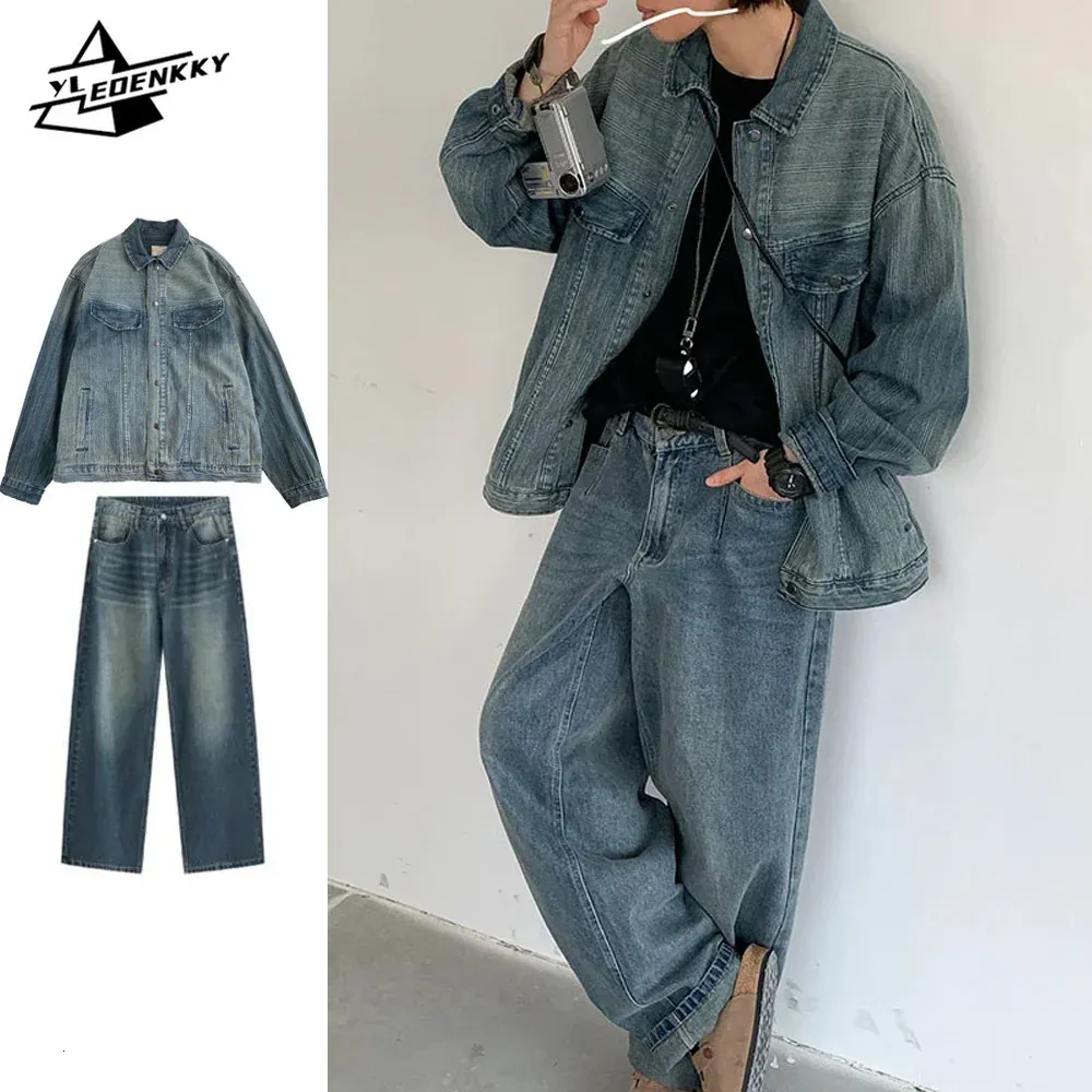 Hip Hop Denim Set Män Kvinnor tvättade nödställda randiga denim Jacketsvintage Straight Loose Harlan Jeans High Street Cargo Suit 240429