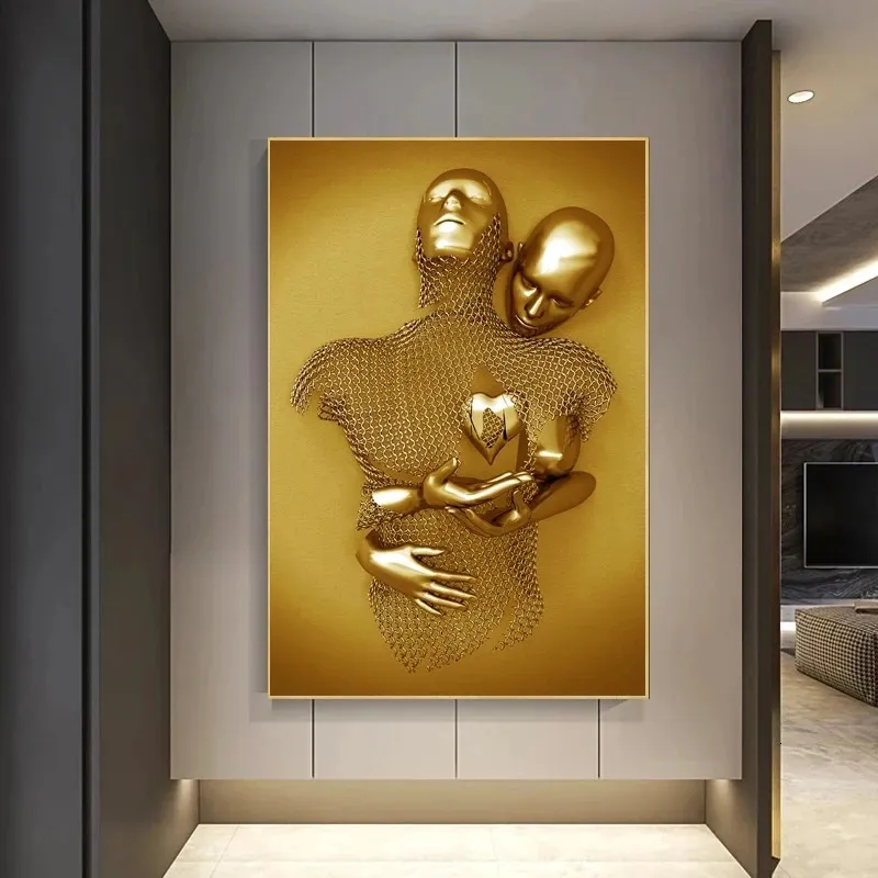 Modern Golden Metal Figure Statue Sculpture Art Posters Print Lover Canvas Paintings on The Wall Art Pictures for Home Decor 240510