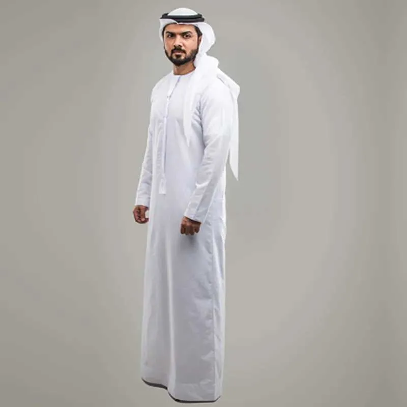 Etniska kläder Nationella kläder Menskläder Muslimsk kläder Vit Jubba Thobe Long Sleeved Robe Dubai Middle East Mens Clothing Arab Kaftan Headwearl2405