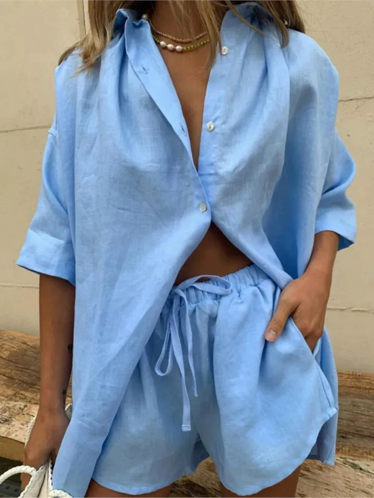 Casual Cotton Linen Solid Color Set Short Sleeve Loose Shirt Wide Leg Shorts Two Piece Woman Suits 2024 Summer 240508
