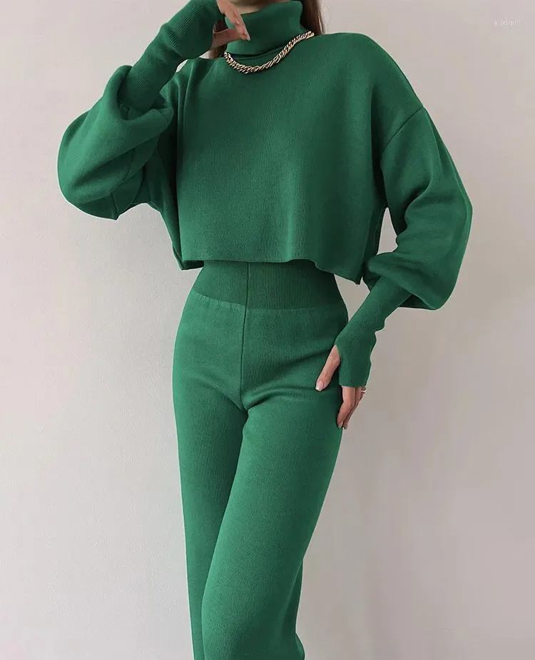 Women's Two Piece Pants Knitted Trousers Suit Winter Loose Turtleneck Sweater Set Casual Long Sleeve Knitwear Wide Leg Outfits