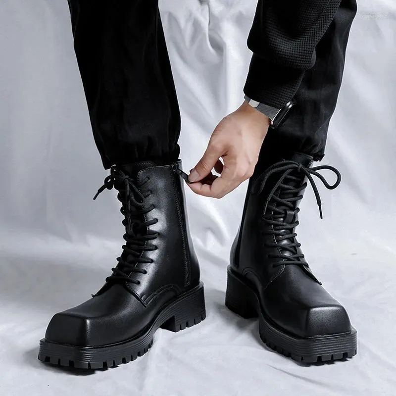 Stivali piattaforma per il tempo libero maschile scarpe vera in pelle genuina per feste per banchetti da cowboy boot caviglia primavera d'autunno corto botas hombre