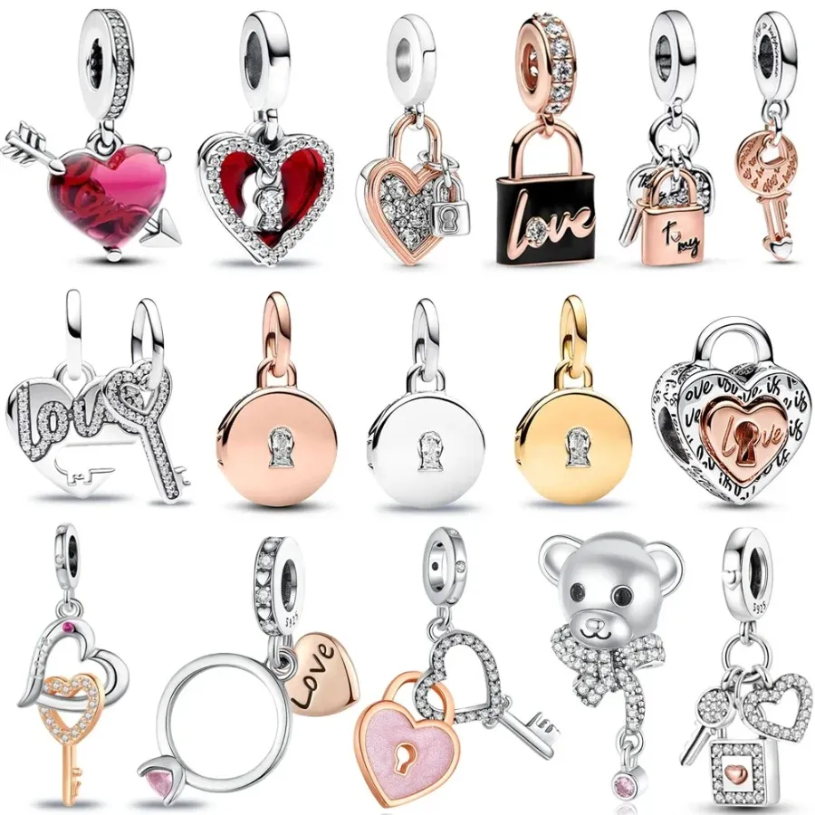 Rose Gold Padlock and Love Key Charm Bracelet Beads for Pandora Charm Bracelet