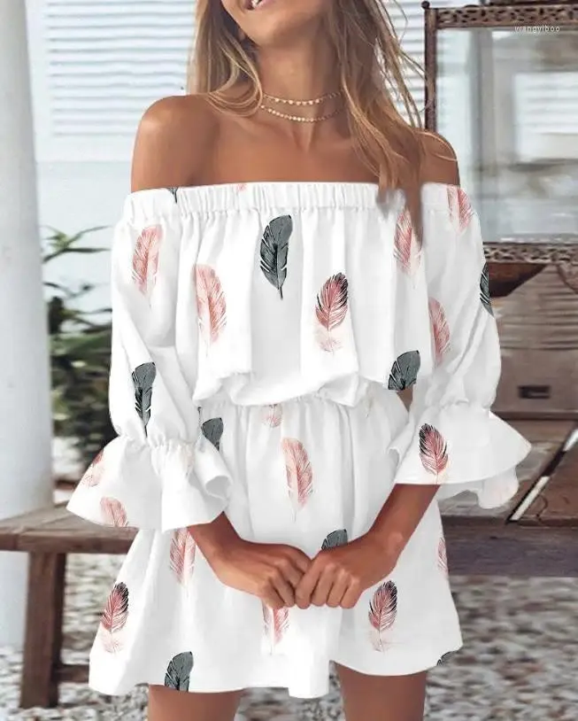 Casual Dresses Sweet Girl's Summer Temperament Commuting Women's Fashion Clothes Feather Print Off Shoulder Bell Sleeve Dress