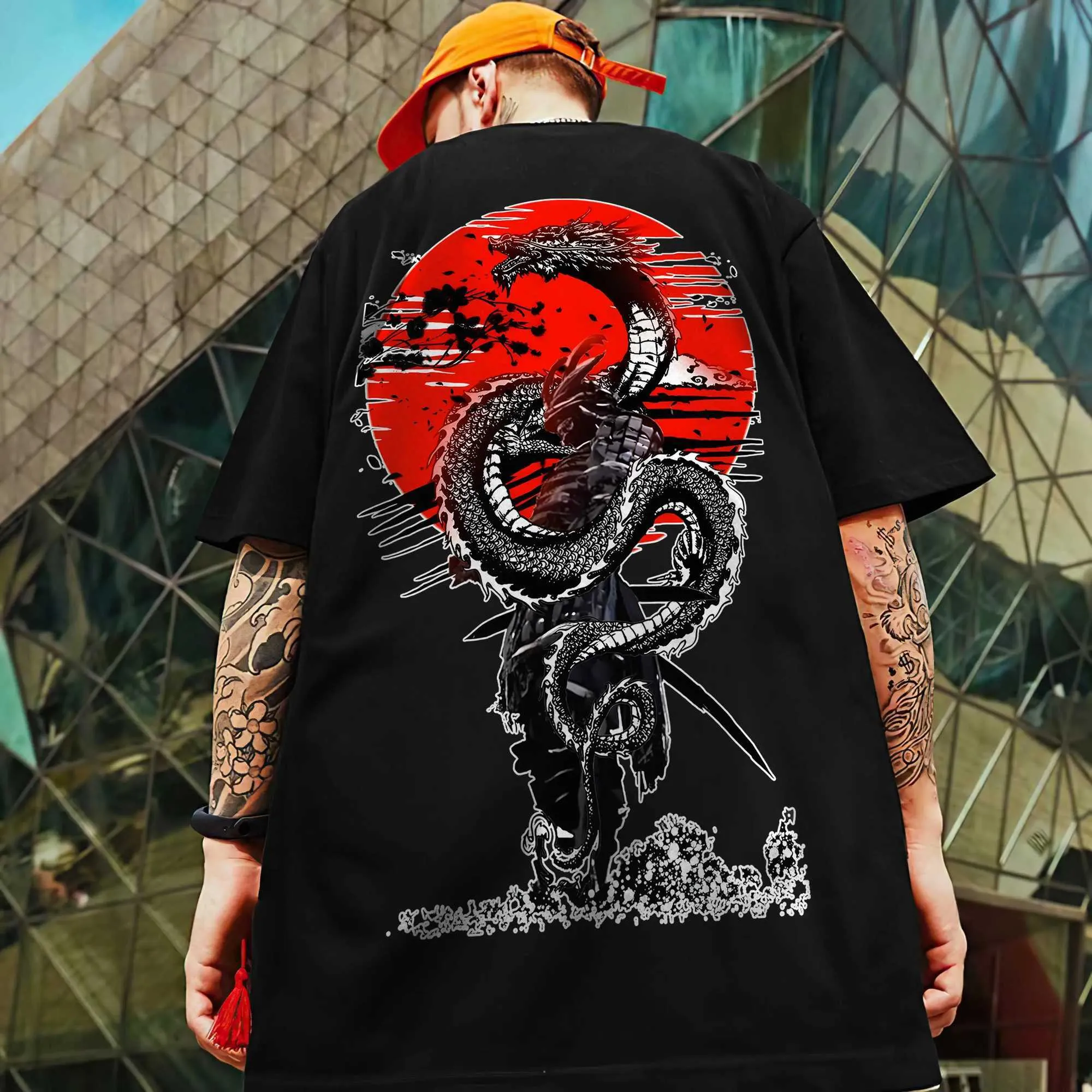 Men's Oversized Short Sleeve T-Shirt with Japanese Samurai Sword
