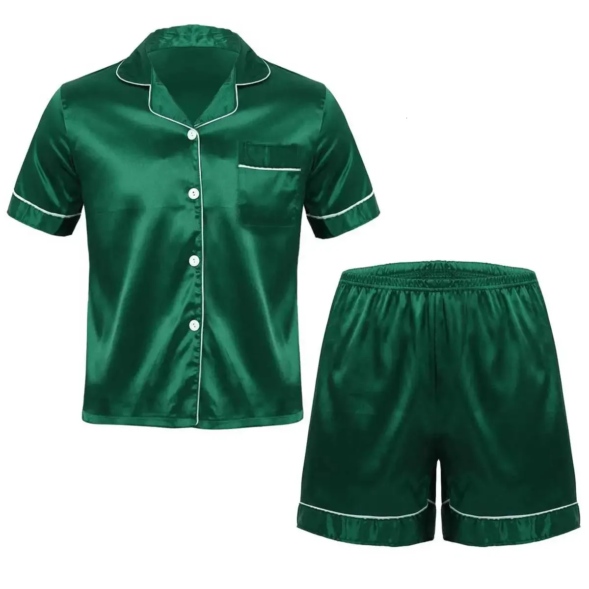Herren Silky Satin Pyjamas Set Loungewear Notch Kragen Kurzärmel Button Down Shirt Top mit Boxer Shorts Nachtwege 240428