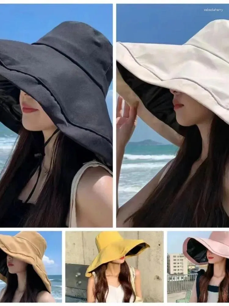 Boinas grandes femininas larga de borracha preta de borracha UV Chapéu de sol dobrável Summer Summer Beach Pescador Versátil Versão coreana