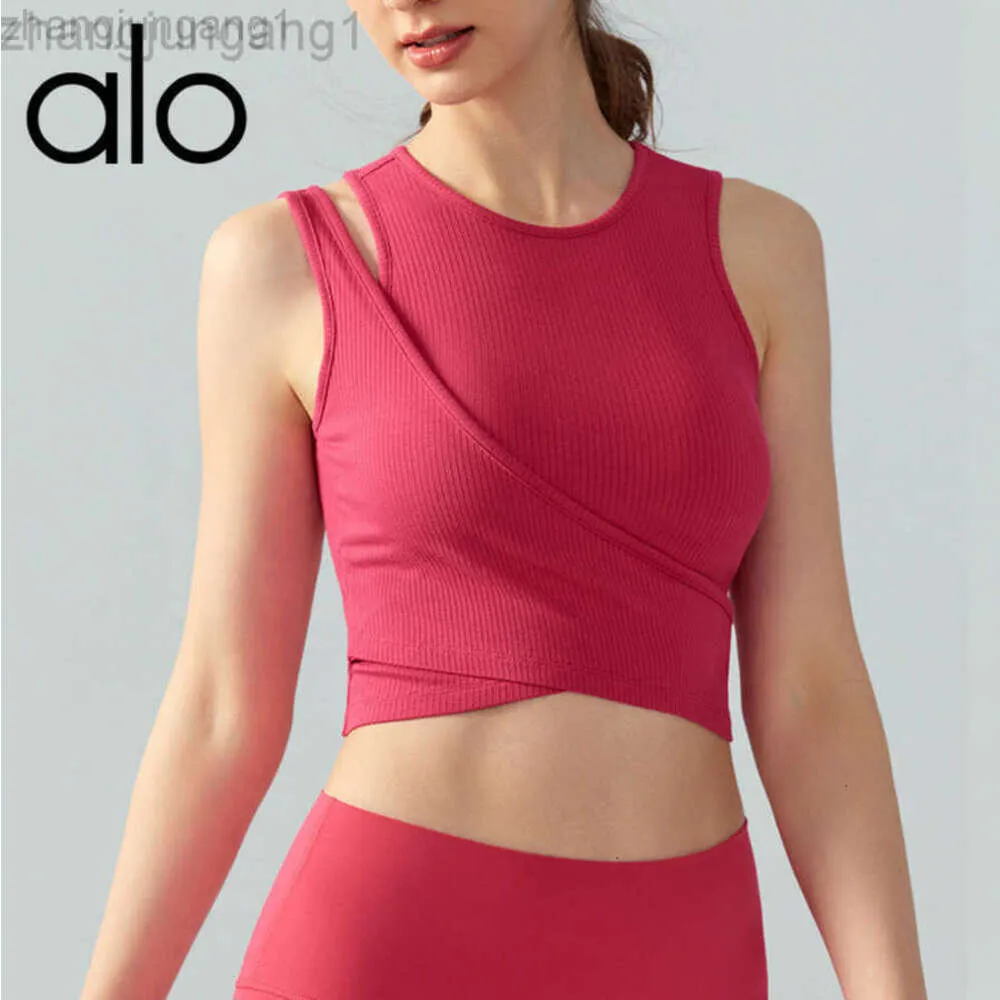 Desginer Als Yoga Aloe Bra Tanks Spring/Summer Sparice Fake Two Piece Vest Integrated Fixed Cup Wearing Solid Color Sleeveless Fitness Top for Women