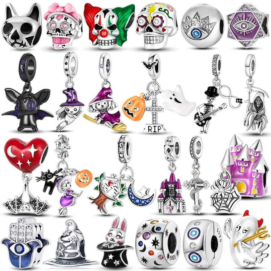 925 Серебряное серебряное серебристое серебристое подсадка Pandoras Bracelet Bealet Beads Charm Halloween Dangle Skeleton Witch Devil