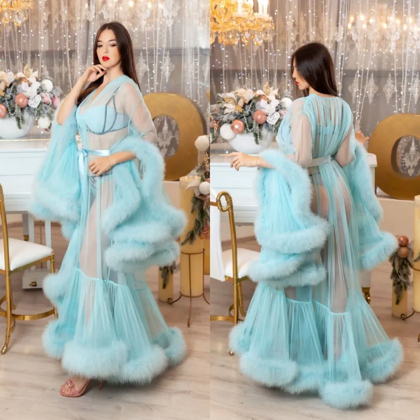 Blue Faux Fur Women Night Bathrobe Wedding Bruidsmeisjes gewaden zijden satijnen kanten slaapkleding pyjama pyjama lange lingeries bruids feestdouche 256H