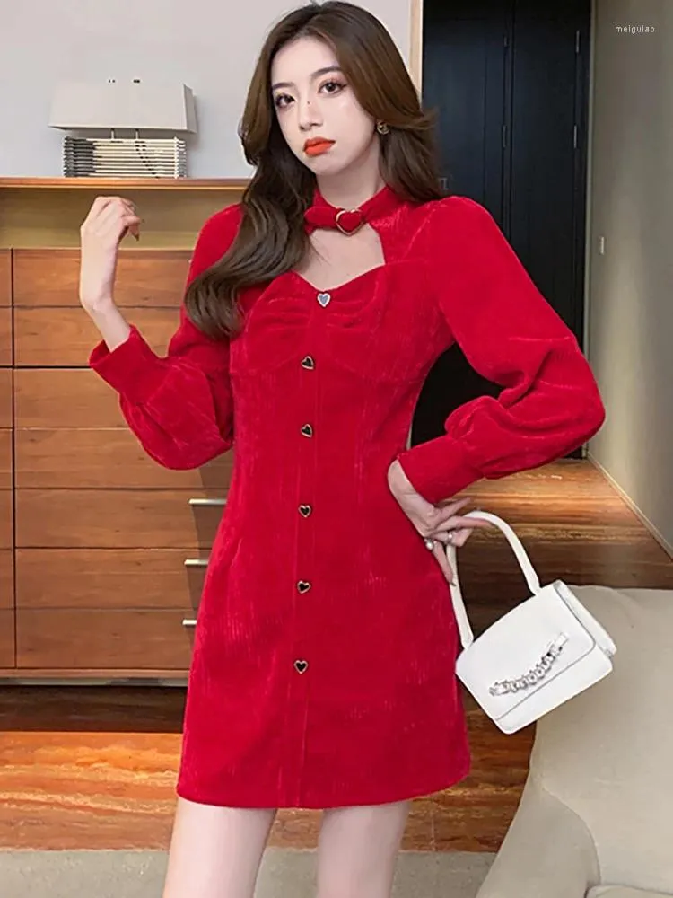Casual Dresses 2024 Red Corduroy Chic Hollow out Sexy Mini Dress Autumn Winter Thick Warm Home Women Korean Vintage Luxury Evening