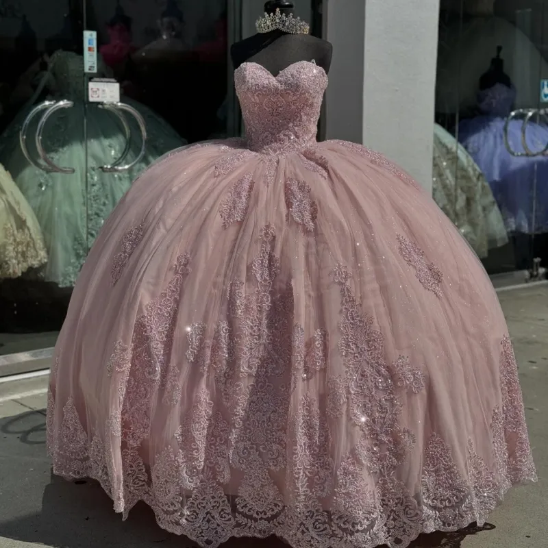 Robes de quinceanera rose de luxe paillettes sur l'épaule princesse applique perles de dentelle tull sweet 16 vestide vestide 15 de