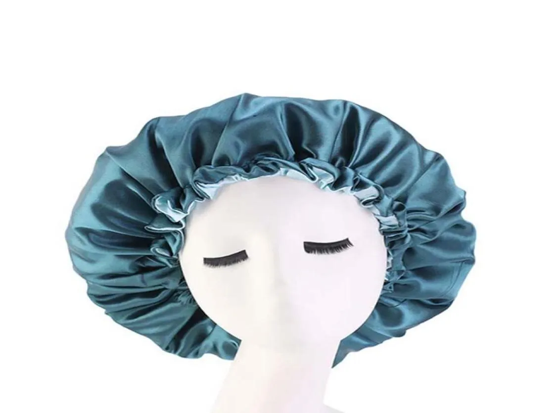 Nowy odwracalny satynowy bonnet podwójna warstwa regulowana rozmiar Sleep Night Cap Cover Cover Bonnet Hap dla kręconych sprężynowych włosów czarny 3560930