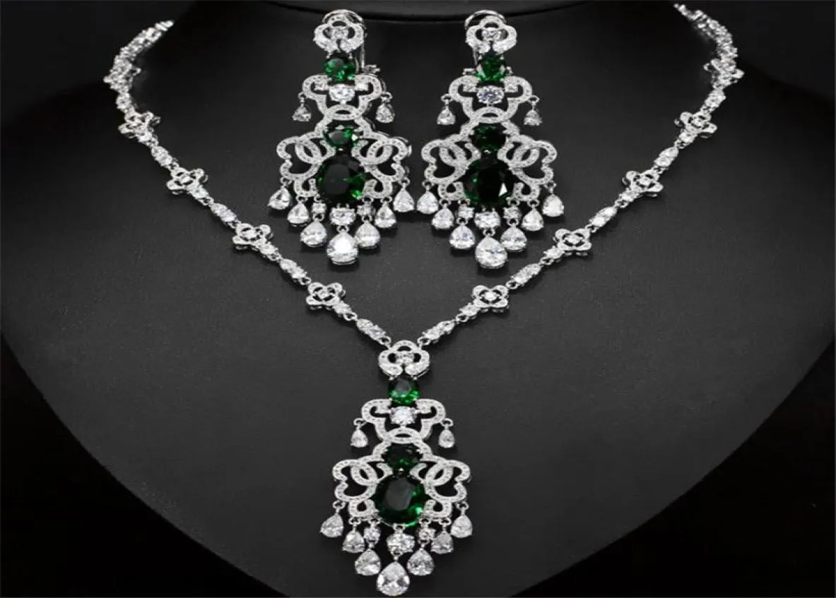 Collier de zircon vintage Boucles d'oreilles bijoux set de mariage anniversaire de mariée bijoux jewelry rouge bleu vert argent cz zircon collier f6118105