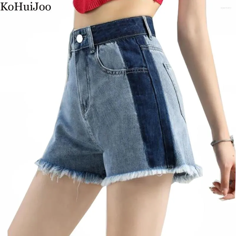 Frauen Jeans Kohuijoo Koreanische Shorts Frauen Sommer 2024 Design Fransen Kontrastfarbe Patchwork kurz sexy lässiges hellblau