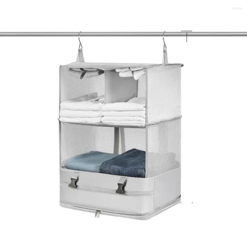 Förvaringslådor Portable Hanging 3-hylla reshyllor Bag Packing Cube Bagage Organiser Fitväska stor kapacitetsskåp med 2 krokar