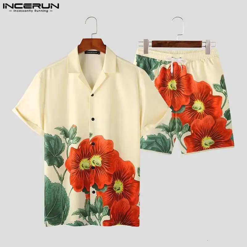 Incerun Mens Hawaiian Set Floral Print Summer Polo Neck Shirt Sleeve Shirt and Shorts 2pcs Street Clothing Vacation Heren Set S-5XL 240429