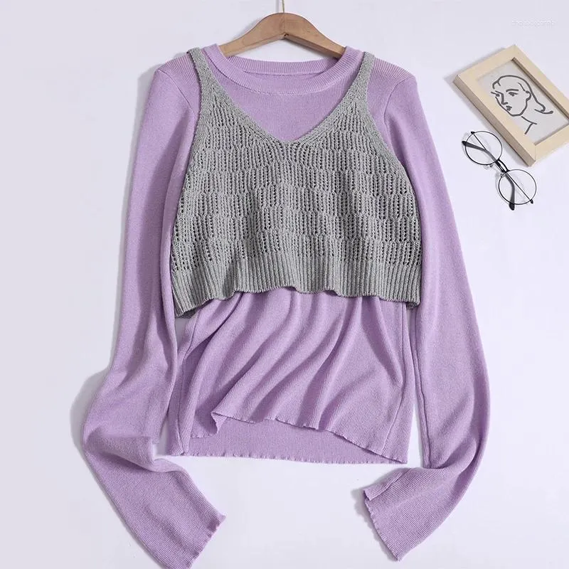 Women's Sweaters Knit Vest Long-sleeved Sweater Shirt Two-piece Set Female Spring Fashion Fold Wear Tank Purple Pullover Korean Elegant