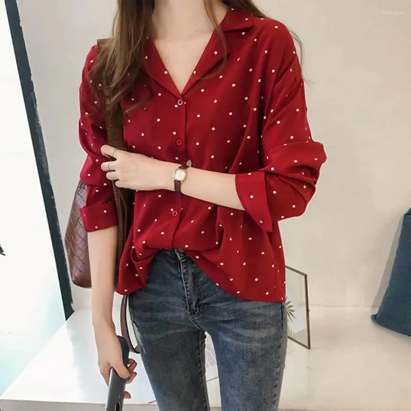 Blusas femininas 2024 Summer Women Tops Casual Vas de Mangas Longo Casual Office Chiffon Polka Dots Camisa feminina e